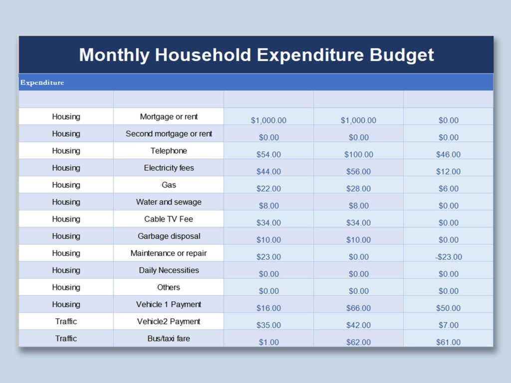 Monthly Household Expenditure Budget