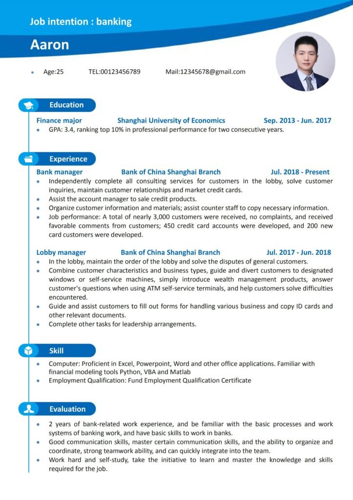 Blue Resume for Banking